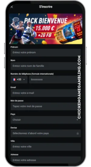 Écran d'inscription au casino